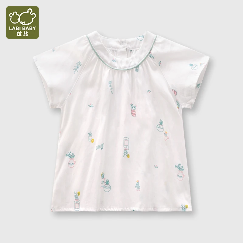 

LABI BABY Girls Short Sleeve Tops Summer Shirt Toddler White Top Plants Print Infant Tops Round Neck Casual Baby Clothes