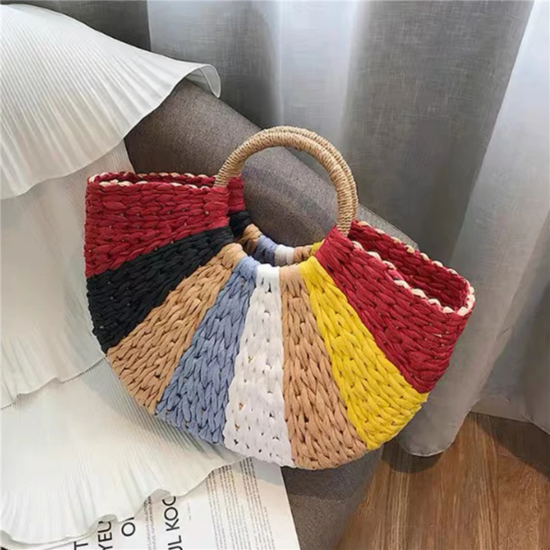 

Summer Rattan Woven Shopping Bags Women Beach Weaving Ladies Straw Bag Wrapped Beach Bag Moon Shaped Top Handle Handbags Totes