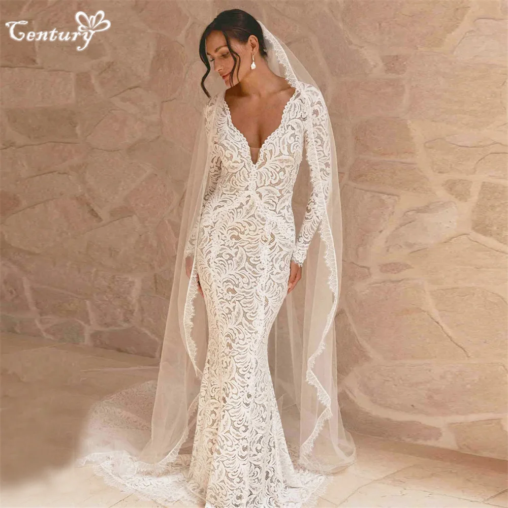 

Boho Wedding Dress Mermaid Long Sleeve V Neck Backless Lace Rustic Garden Bridal Gowns Civil Bride Dresses Vestido De Noiva