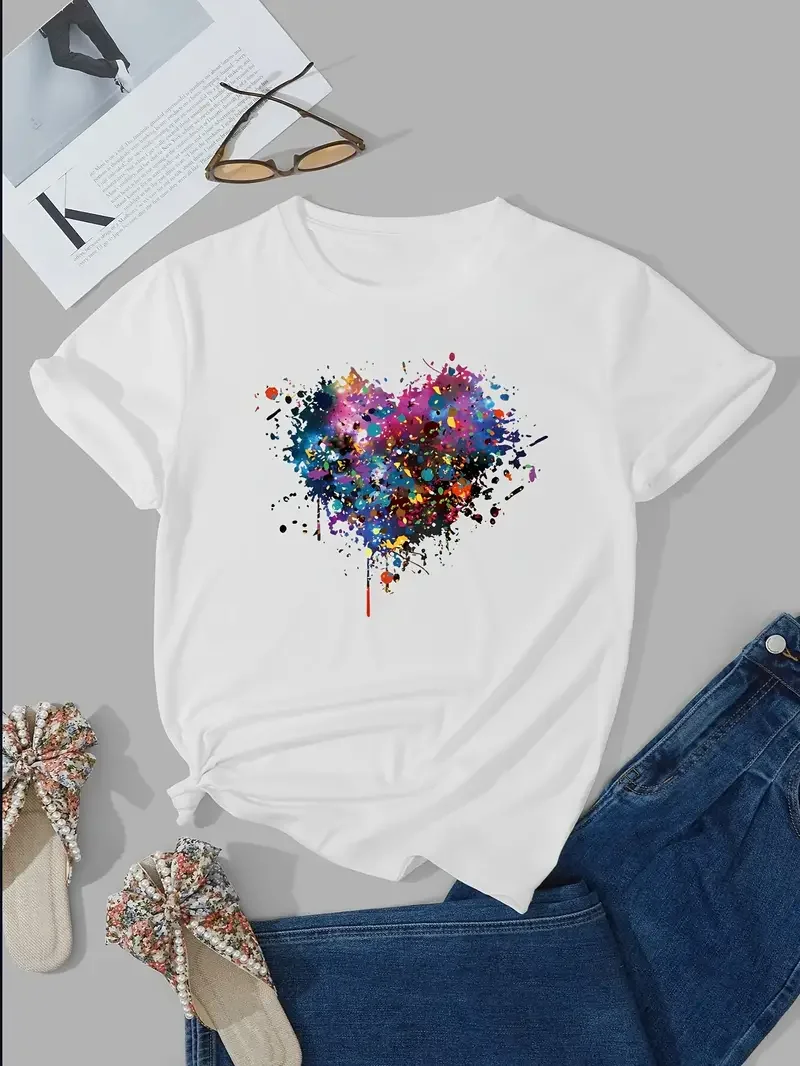 Dazzling Color Heart Printed Short Sleeved Casual Women's Fashion Women's Pattern T-shirt Women's Printed Summer T-shirt