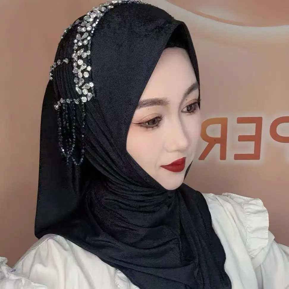 Pañuelo para la cabeza de África para mujer, bufanda extraíble de esponja de ala suave que combina con todo, cubierta para la cabeza de primavera, borla de diamantes, sombreros Hijab de lujo con cuentas para chica
