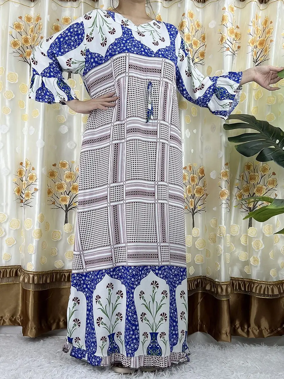 2022 novo estilo de manga longa africano dashiki floral impressão algodão abaya caftan elegante senhora verão maxi vestidos casuais