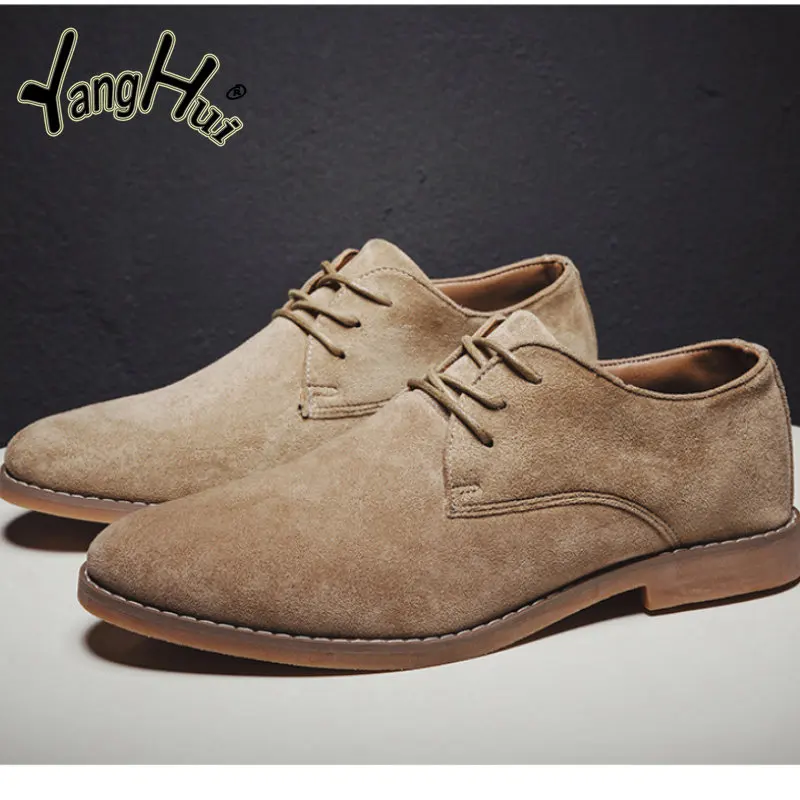 2023 New Men\'s Dress Shoes Suede British Style Casual Business Lace-up Retro Khaki Men Shoes Large Size Fashion Spring Autumn