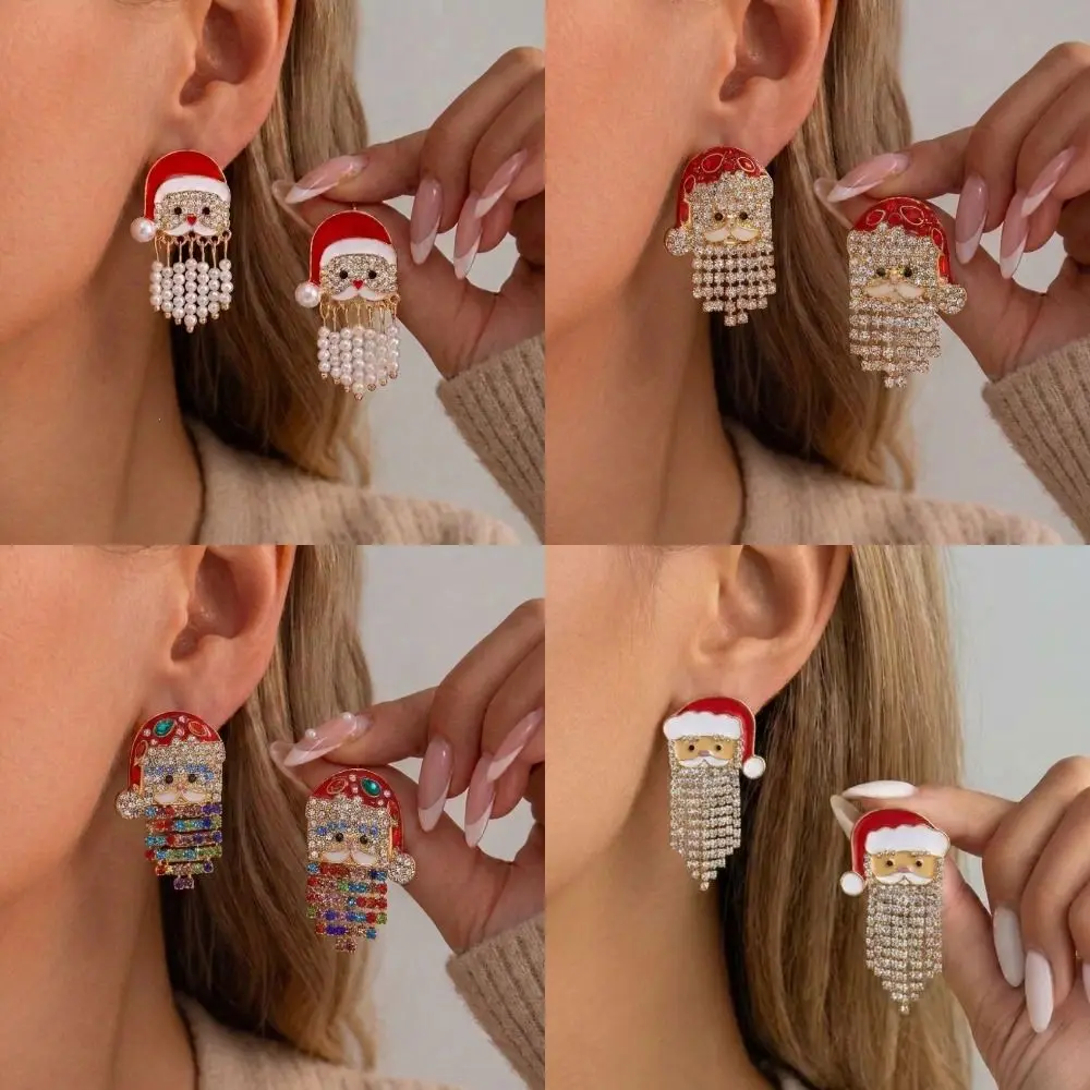 Pearl Adorned Christmas Earrings Rhinestone Decorated Long Tassel Design Santa Claus Stud Earrings Different Styles