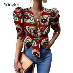 African Clothing Women V-neck Shirt with Belt Fashion Floral Print Coat Dashiki Party Outfit Sexy Lady African Style Coat WY7897