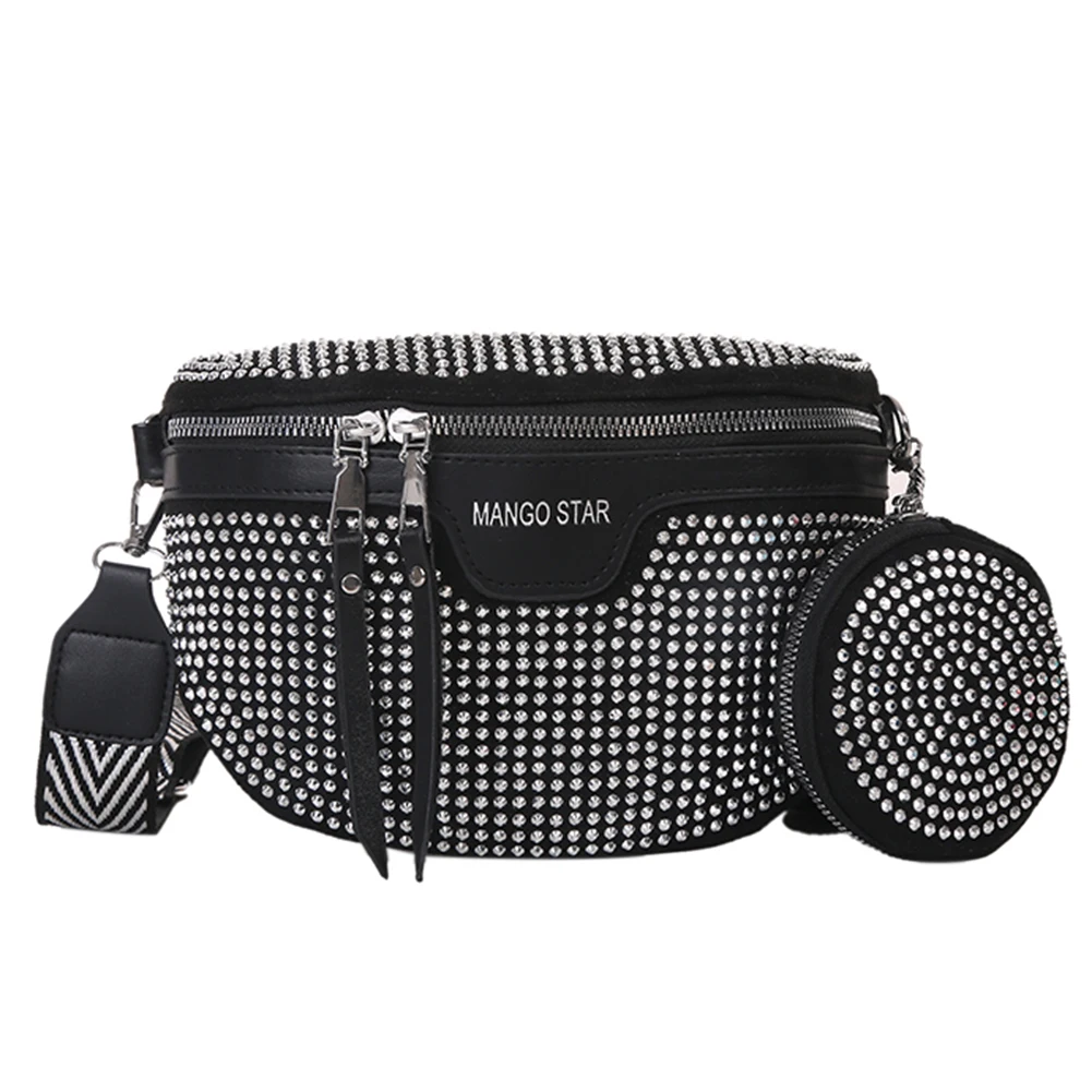 Fashion Rhinestone Waist Belt Bag Women Chest Crossbody Pack PU Bling Fanny Pack for Outdoor Shopping Business