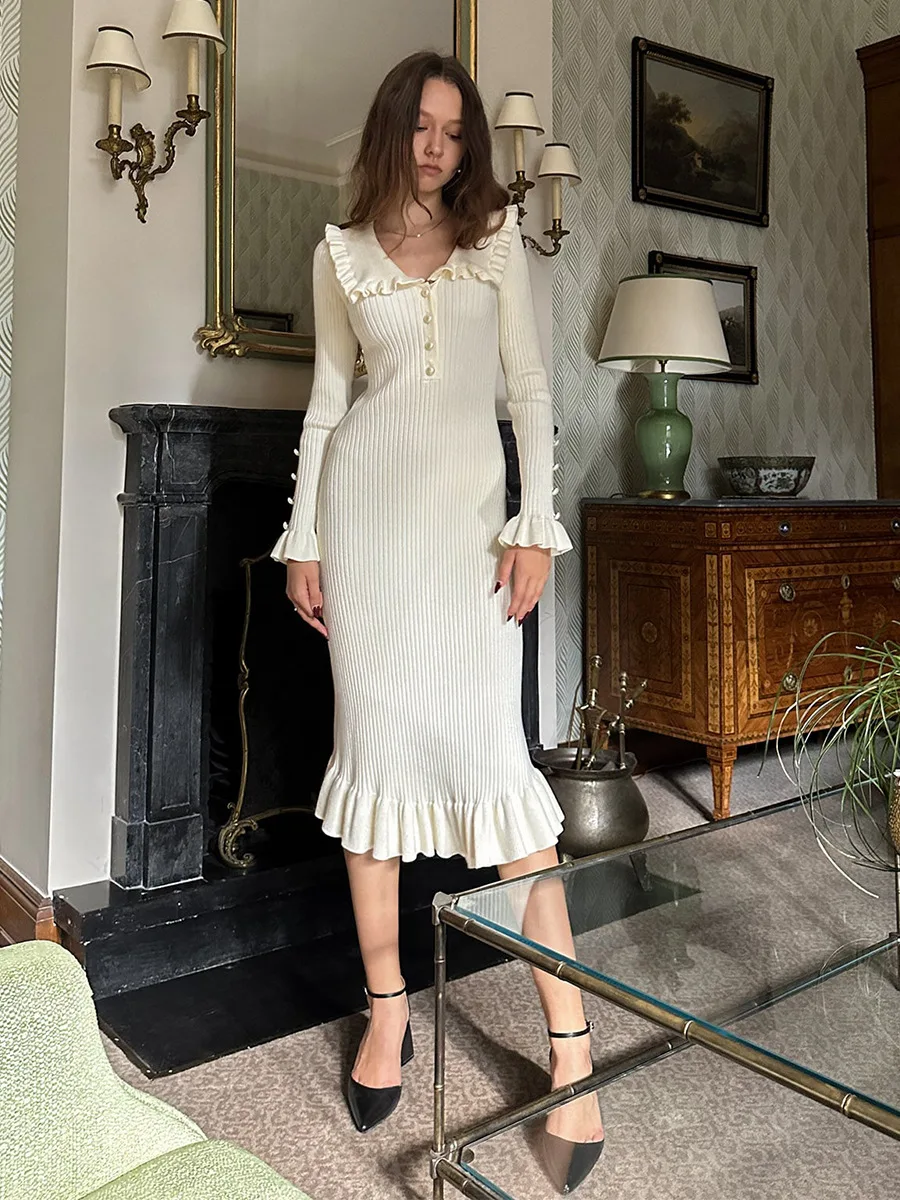 Cryptographic Elegant Knitted Ruffle Trim Sweater Dress Outfits