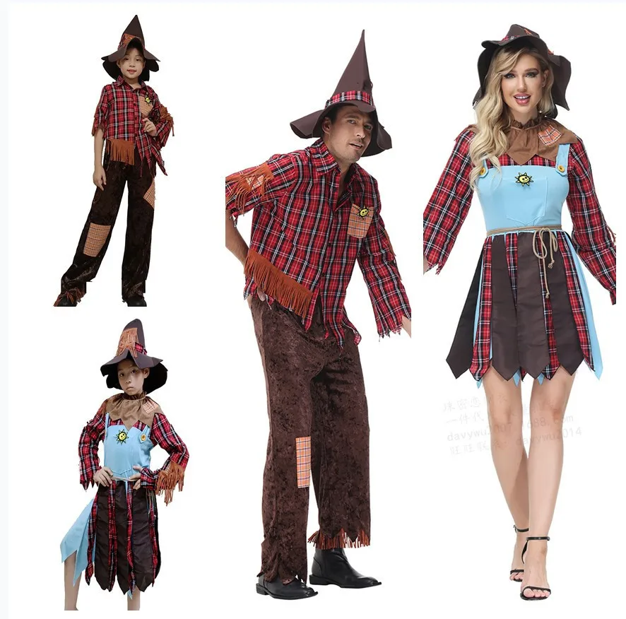 Halloween Wizard of Oz Scarecrow Couple Parent-Child Clothing Splicing Plaid Play Stage Clothing