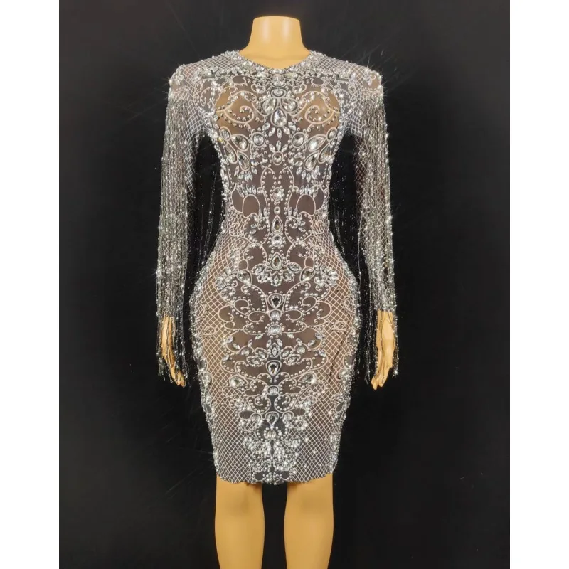 Luxury Rhinestone Fringed Stretch Dress Sexy Bar Stage Performance Costume Vestidos De Mujer Elegantes Para Fiesta Sheer Dresses