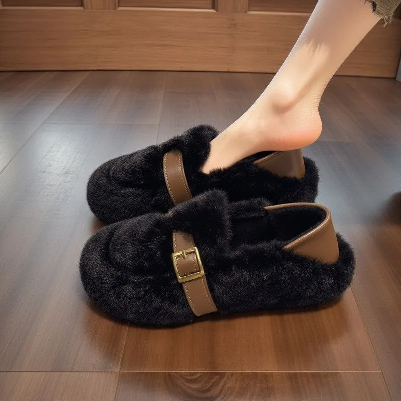 Winter New Fleece Lined Cotton Duck Shoes Women's Slip on Flat Bottom British Style Lazy Bean Bean Shoes Outdoor Wear