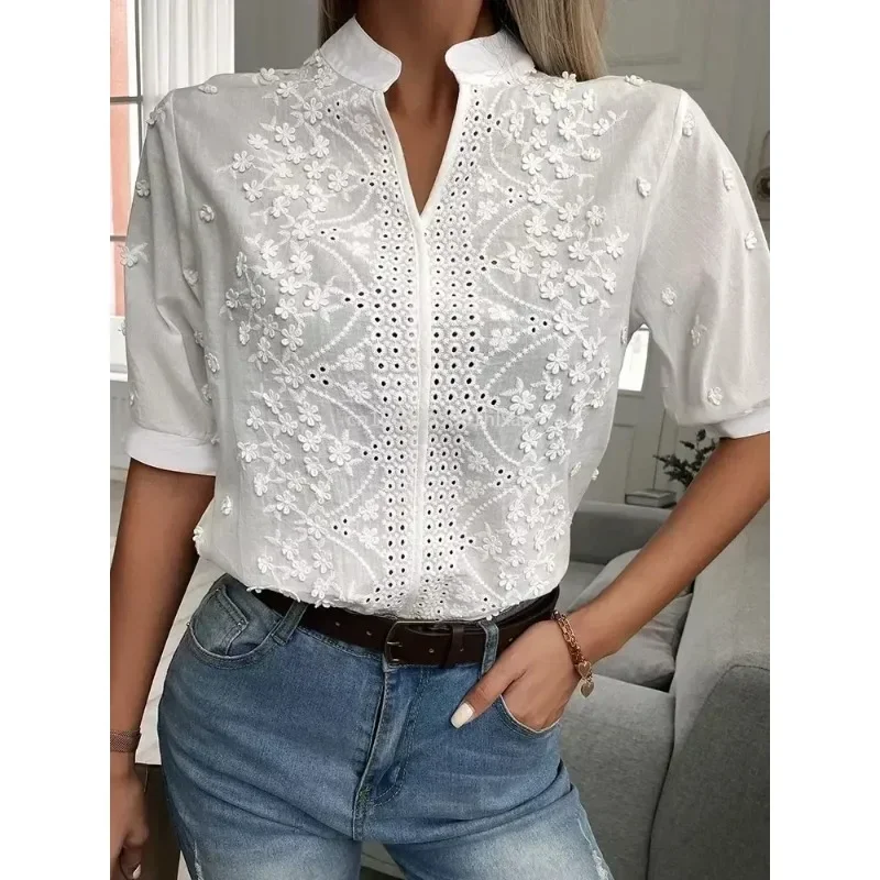 Summer Women Casual Chic White Blouses V Neck Hollow Out Floral Pattern Eyelet Embroidery Half Sleeve Daily Wear Top