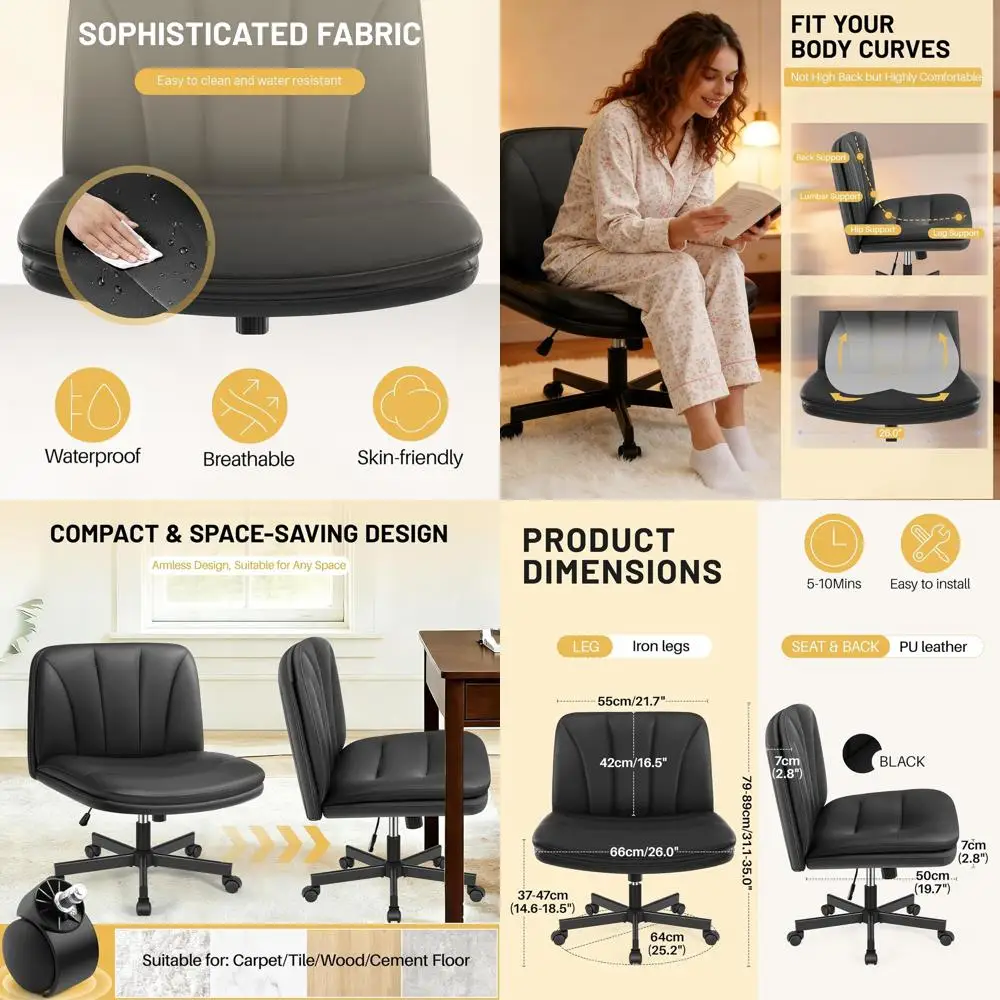 

Black Leather Swivel Chair with Wheels for Home Office and Small Spaces: Armless Desk Chair