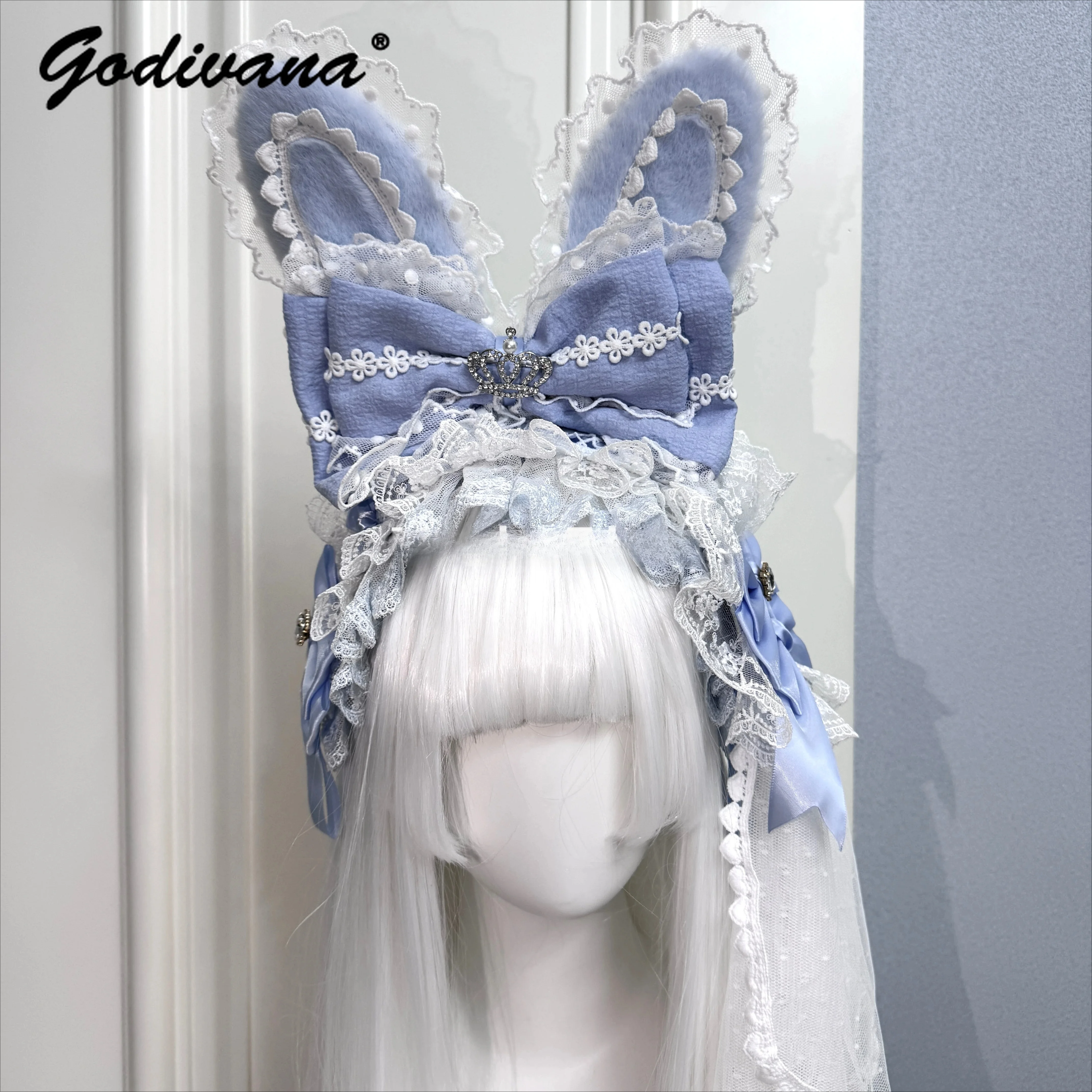 

Gorgeous Rabbit Ears Headband Handmade Cute Girl Women's Lolita Lace Tulle Bow Hairband Bunny Ears KC Veil 4 Piece Set