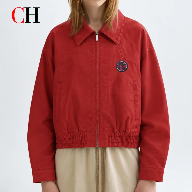 CH Women’s Red Zip Up Jacket Stand Collar Lightweight Casual Jacket Er Style Streetwear Windbreaker Spring Autumn Coat