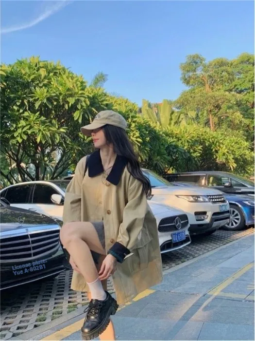 

plus Size Loose Fit Color Block Kaki Windbreaker Outerwear Autumn New Style Slimming Design Sense Jacket Top for plus Size Women