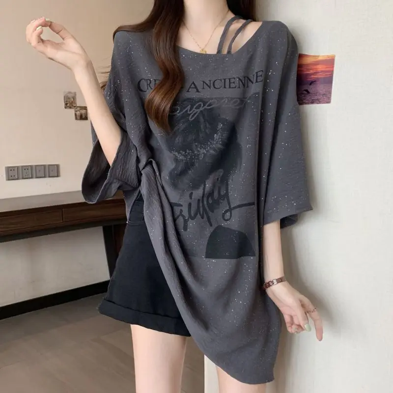 Women Summer Simplicity Loose Large Size Appear Thin Bright Silk Short Sleeve T-Shirt Ladies Casual Printing All-match Top Tee