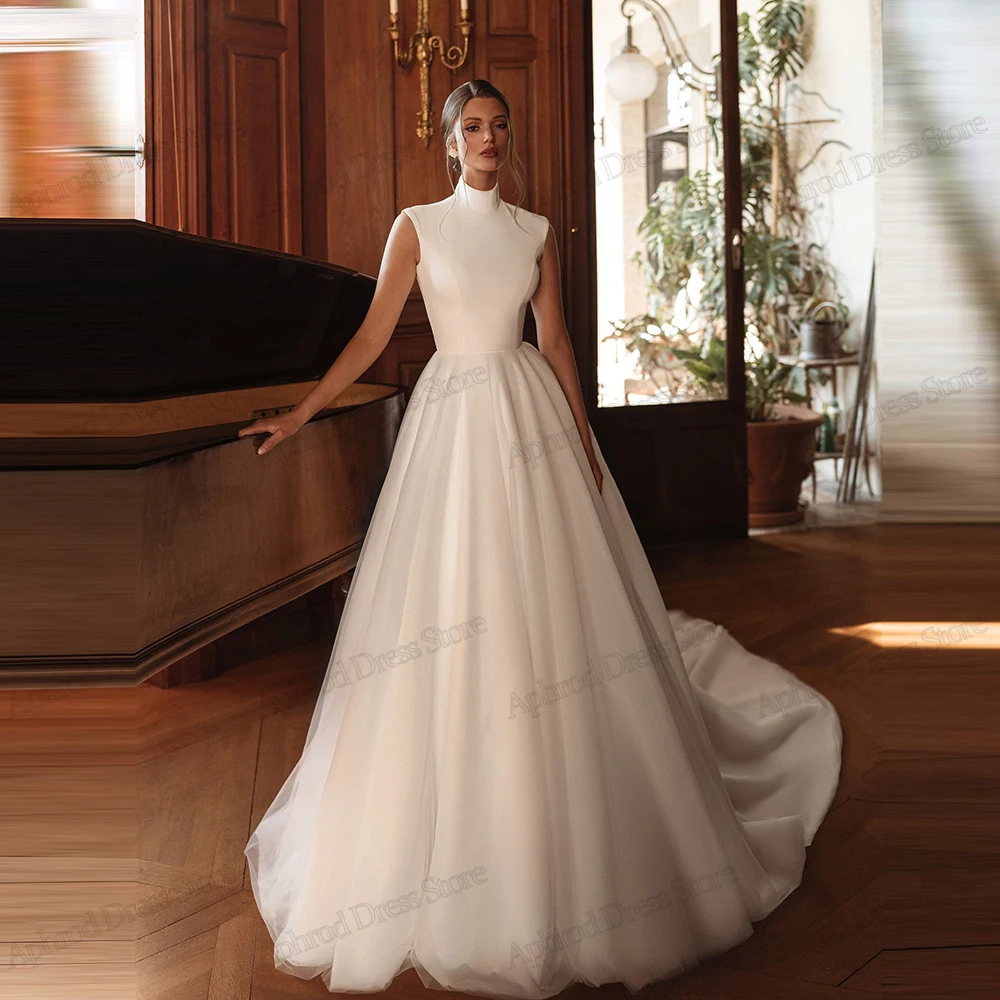 

Modern Wedding Dresses A Line Satin Bridal Gowns Organza Robe For Formal Party High Neck Sleeveless Vestidos De Novia Customized
