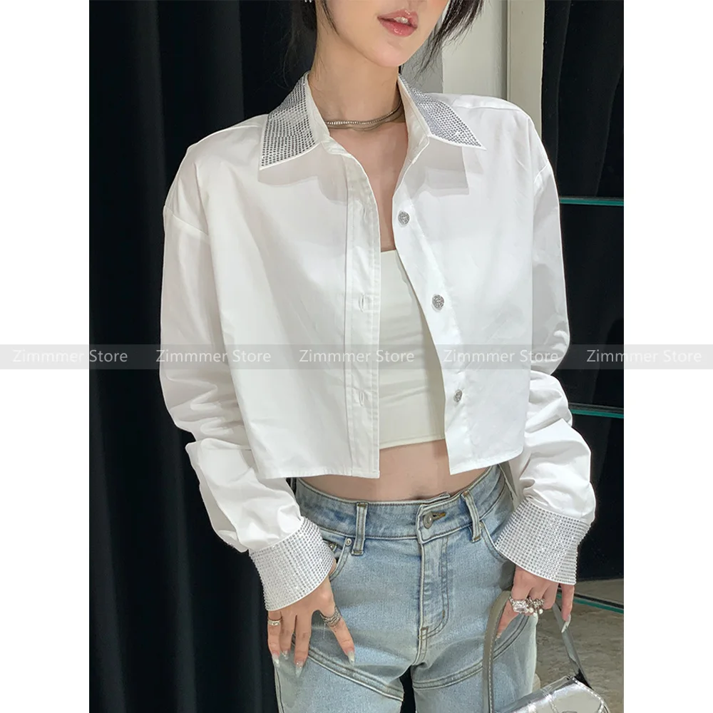 White senior sense of simplicity lapel heavy drill short versatile thin long-sleeved temperament shirt