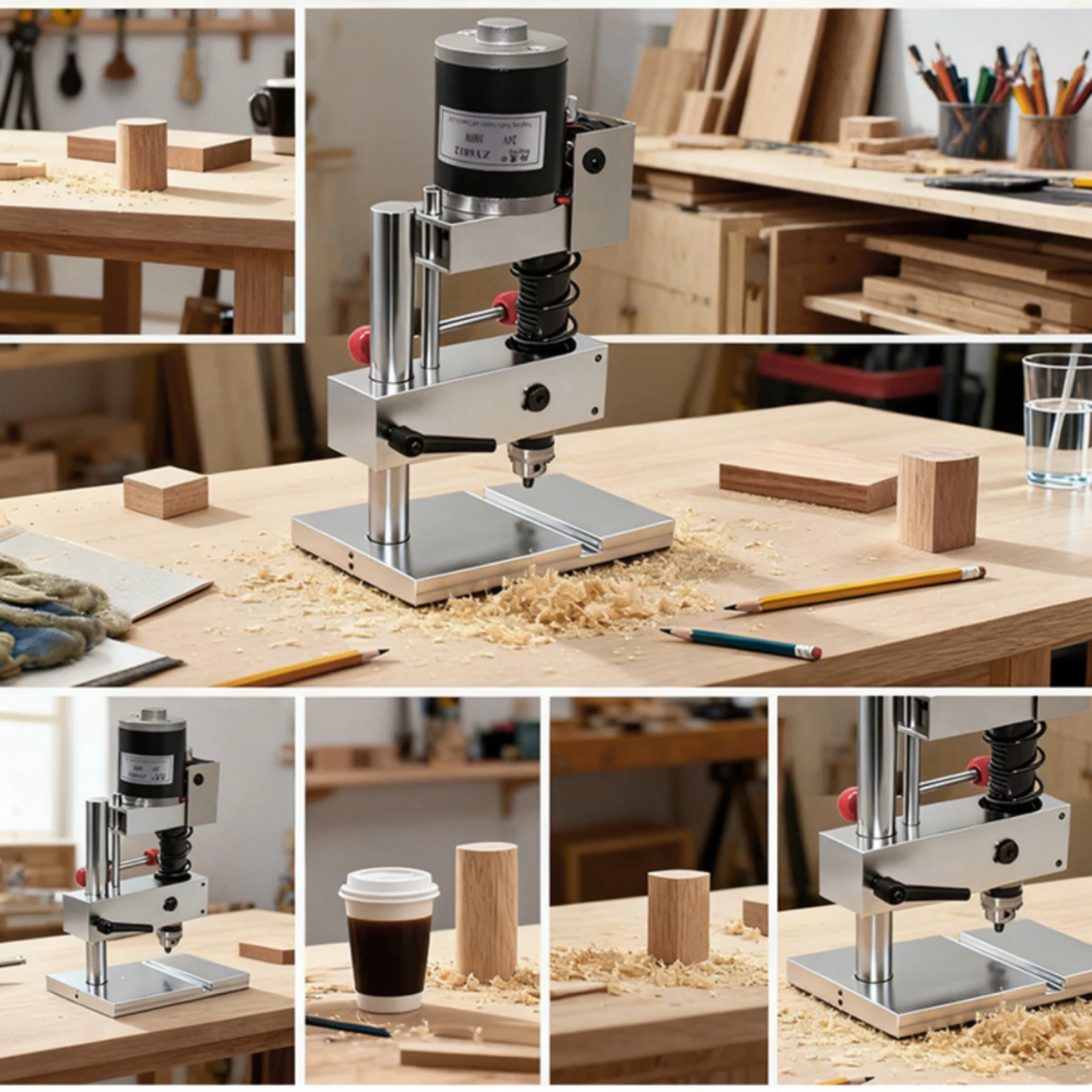 Mini Bench Drill Press Silver and Black Mini Drill Press Benchtop Drilling Machine Red Control Knobs Workshop Equipment