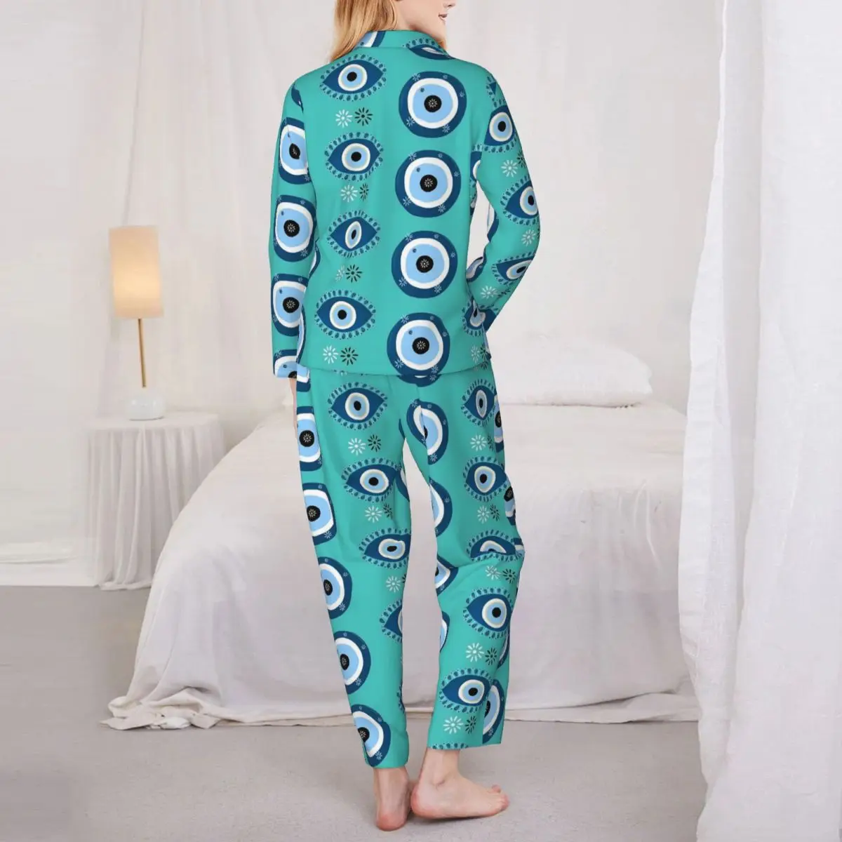 Zestaw piżam z nadrukiem złego oka Wiosna Abstrakcyjne oczy Urocza bielizna nocna dla kobiet 2-częściowy Casual Oversized Graphic Home Suit Present