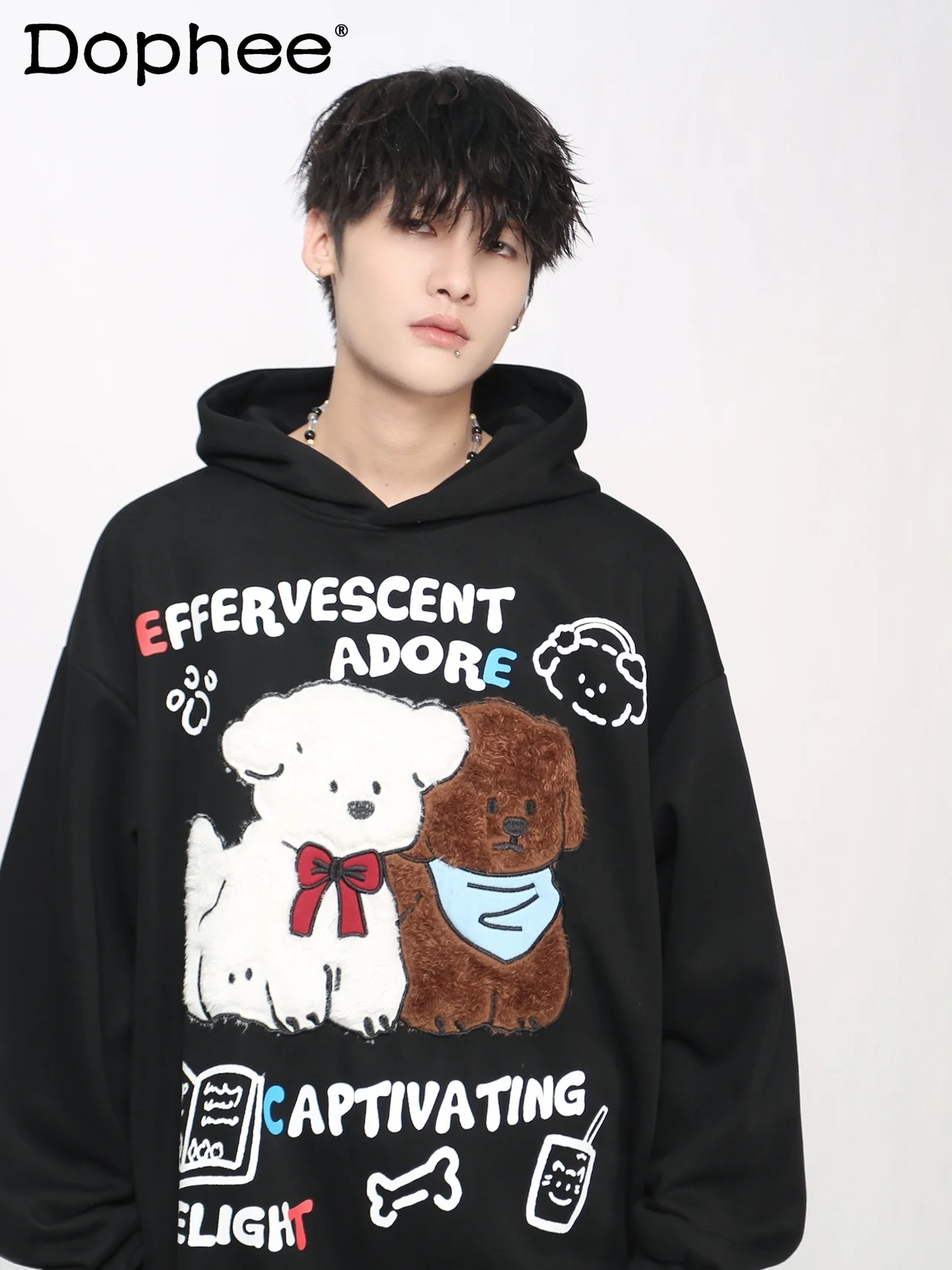 

2025 New American Street Style Cartoon Puppy Patch Embroidery Couple Hoodie Men Loose Versatile Casual Retro Top Trendy