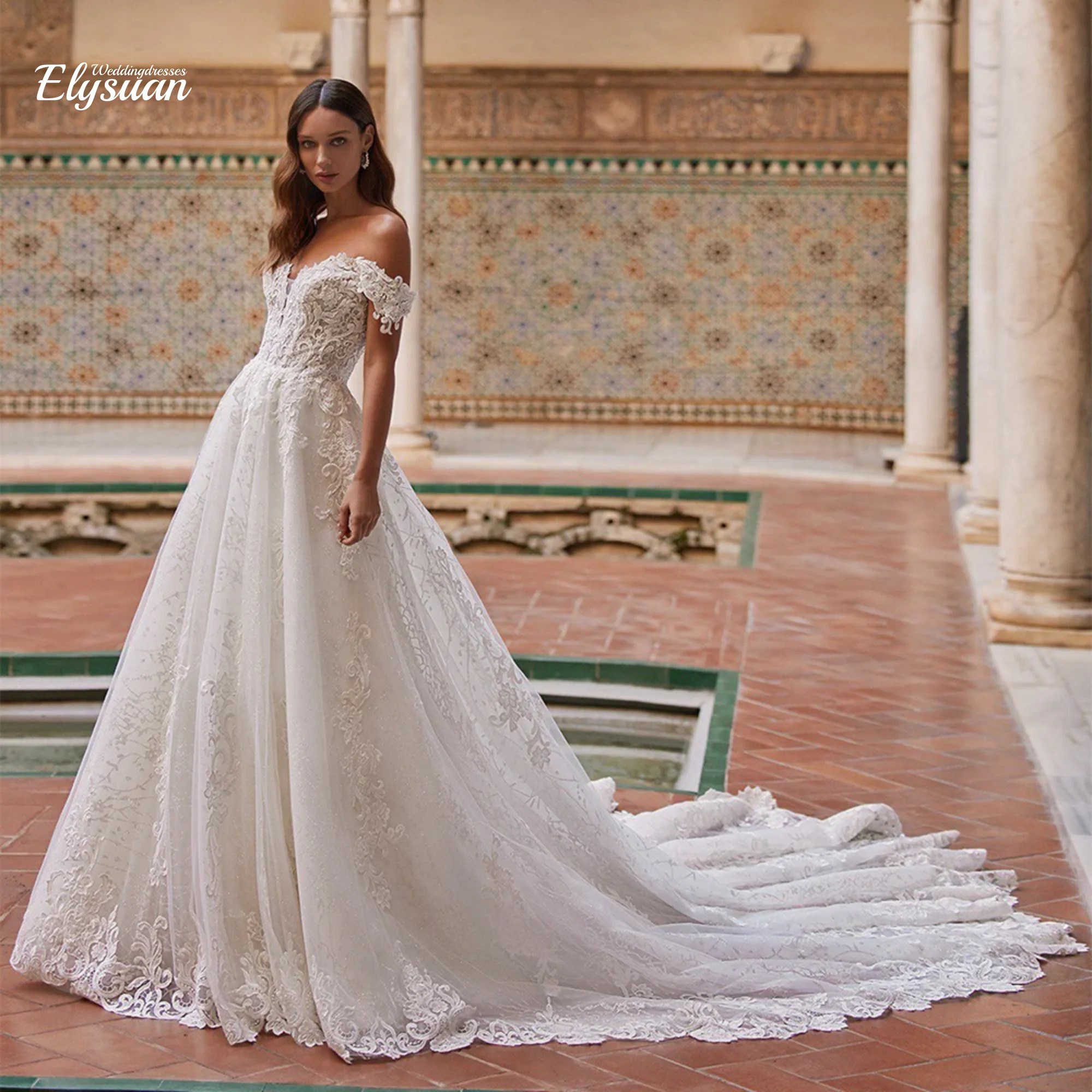 Customized Lace Wedding Dresses 2026 Off The Shoulder V Neck Exquisite Applique Sweep Train Bride Dresses Bridal Gowns