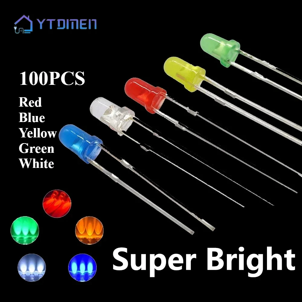 100PCS 3mm LED Diode Super Bright Multicolor White/Red/Yellow/Green/Blue Light Emitting F3 Diodes Electronic Component