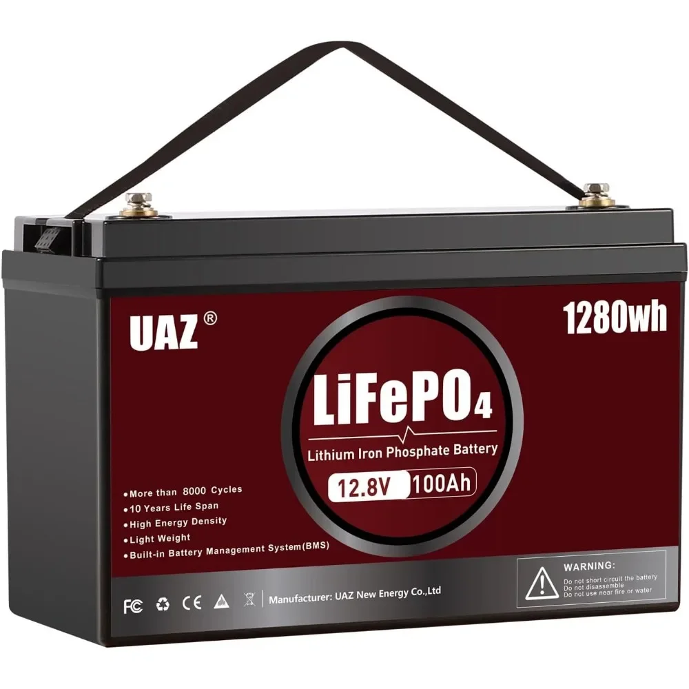 Bateria marinha de ciclo profundo de 12V 100Ah LiFePO4 1280Wh, com BMS de 150A, proteção de baixa e alta temperatura, à prova d'água, para casa