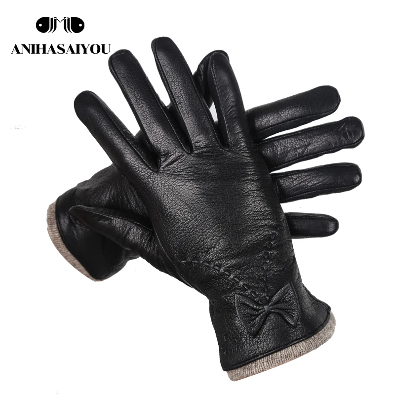 Guantes de cuero de alta calidad para mujer, guantes de piel de oveja de cuero genuino para mujer, guantes de invierno para exteriores para mujer