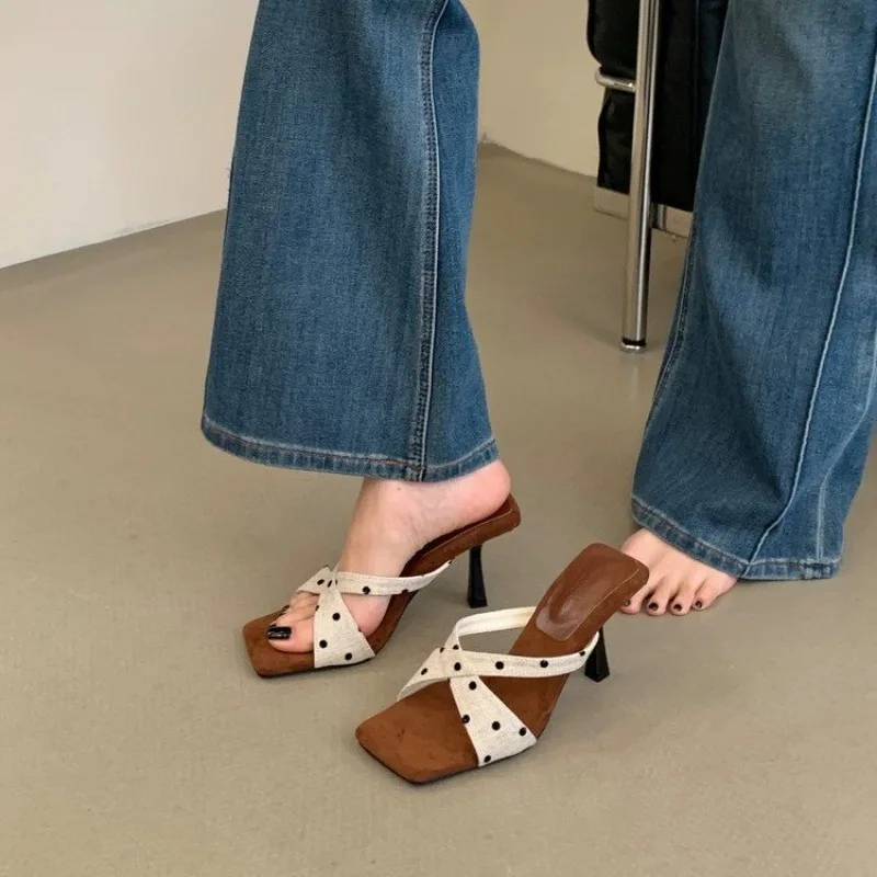 

Satin Polka Dot Butterfly Knot Decorative Heeled Sandals Women Open Toe Slide Sandals Summer Elegant Stiletto High Heel Slippers