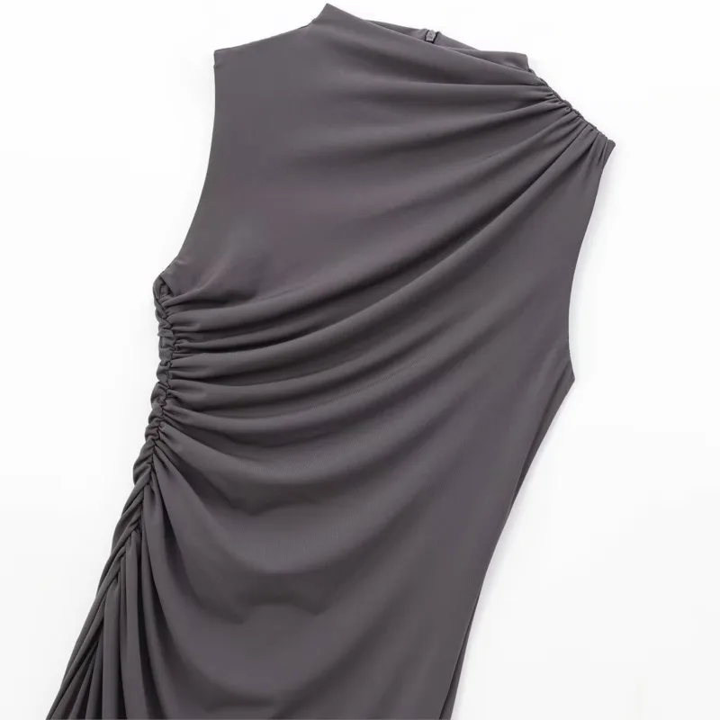 TRAF Folded decorative Long Dress for Women Autumn Two Options Midi Dress Back Zipper Sleeveless Dresses Female Short Dress image 3