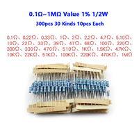 300pcs 30 Kinds 0.1Ω~1MΩ Value 1% 1/2W Metal Film Resistor Assorted Kit 10pcs Each Value with samples pack