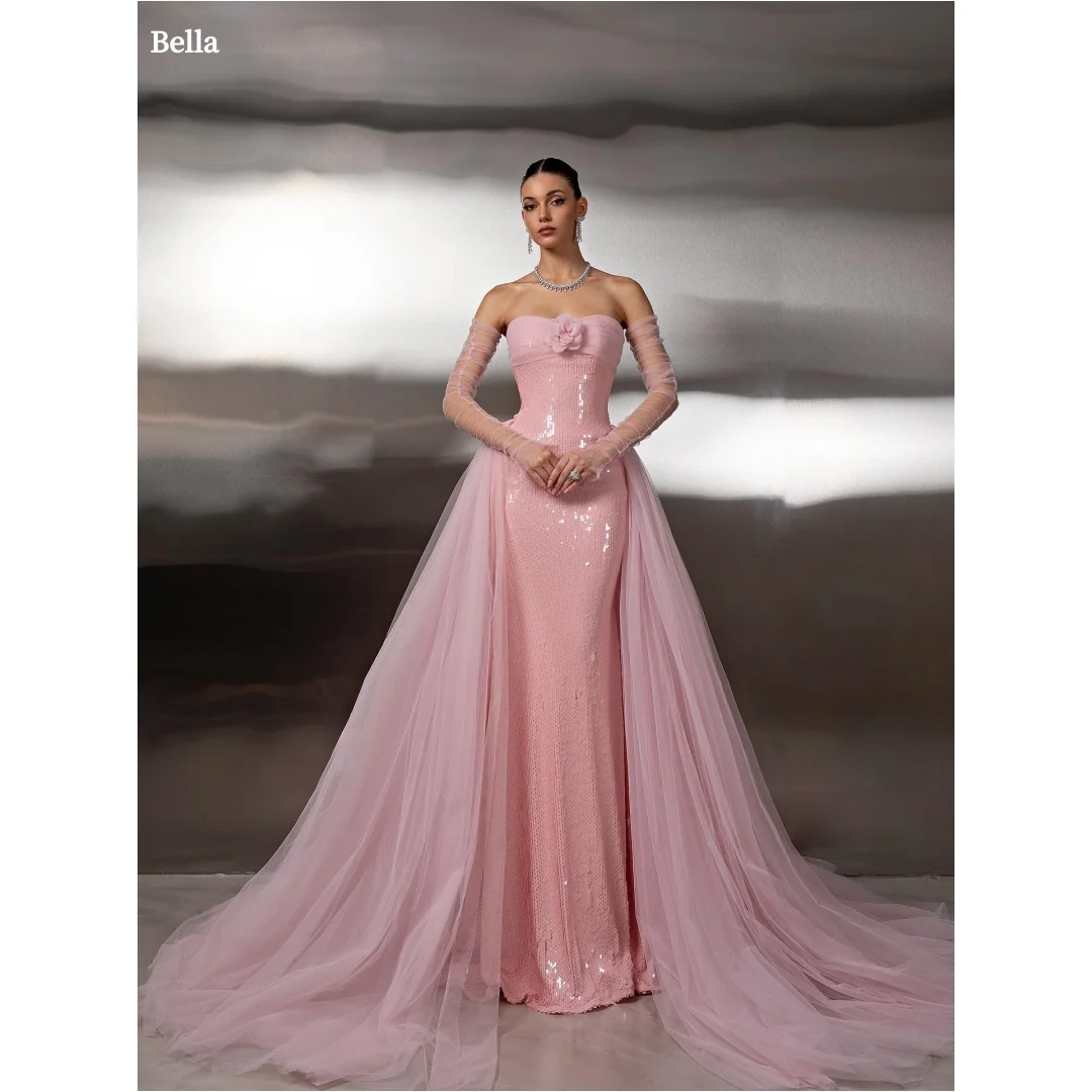 

Bella Customized Pink Sleeves Strapless Backless robes de soirée Trailing Party Dresses Sequins Floor-Length Prom Dress 2025