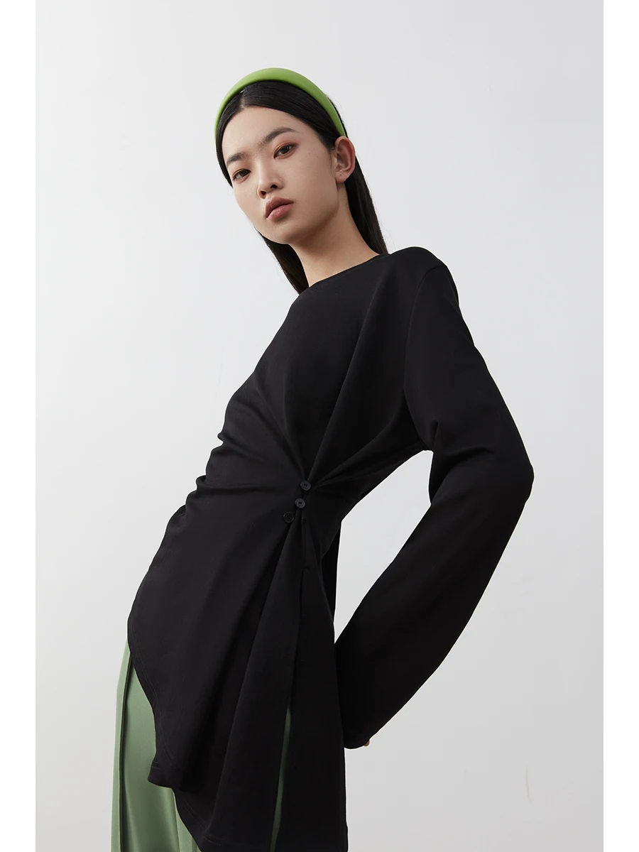 

owyee Long Sve T-irt Smooth Cotton Velvet 50 Tead Count Irregular Comfortable Base Layer Ladies' Simple Sle Pure C...