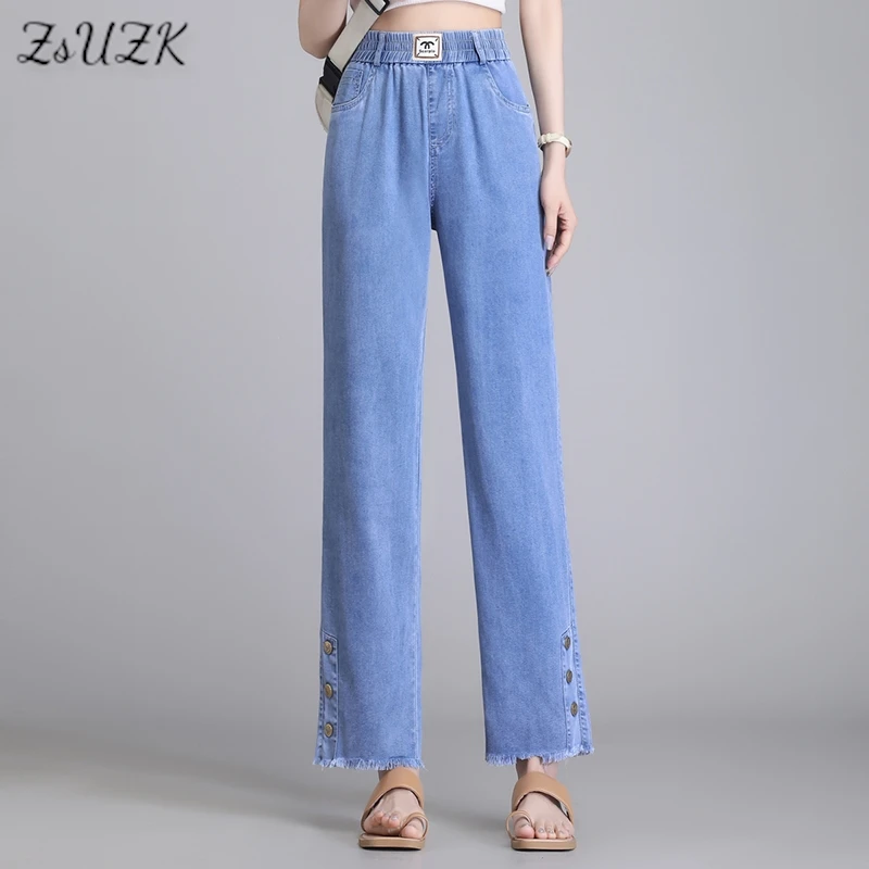 ZUZK Women Fashion Raw Edge Wide Leg Jeans Summer Loose Droop Suitable Elastic Waist Denim Pants Korean Style Casual Pants