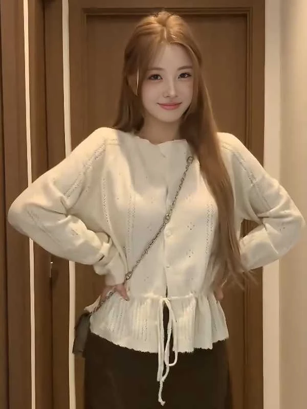 

Женский длинный вязаный топ с круглым вырезом и завязками на талии, осенне-зимний, модный, в студенческом стиле