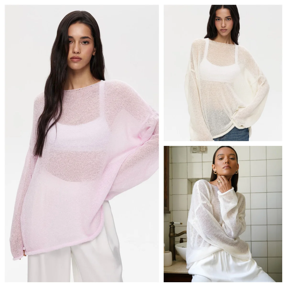 2025 Spring Autumn Solid Women Original Fashion Hollow Out Knit Shirt - Perspective Thin O-Neck Elastic Long Sleeve Knit T-shirt