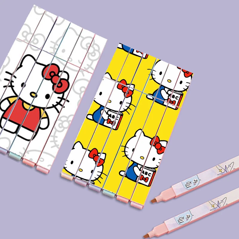 6 Colors Sanrio Hello Kitty Highlighter Pen Handbook Mark Marker Pen Suit Can Add Ink Quick Drying Creativity School Supplies