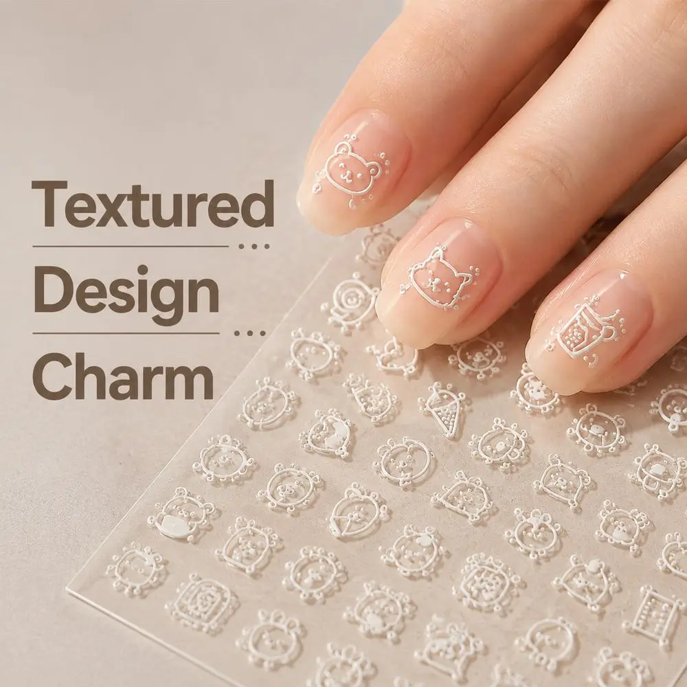 1Pc Cartoon Doodle Embossed Nail Stickers Mixed Simple Sketch Animal Floral Elements Sliders For Beginner Kawaii Manicure Decor