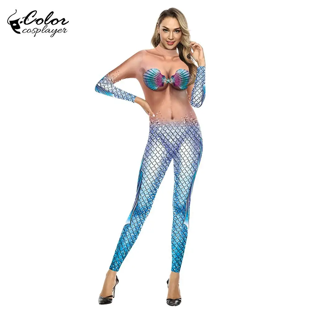 Color Cosplayer Mermaid Jumpsuit Halloween Cosplay Costume Fish Scale Pattern Bodysuit Spandex Jumpsuit Party Movie Dress Up