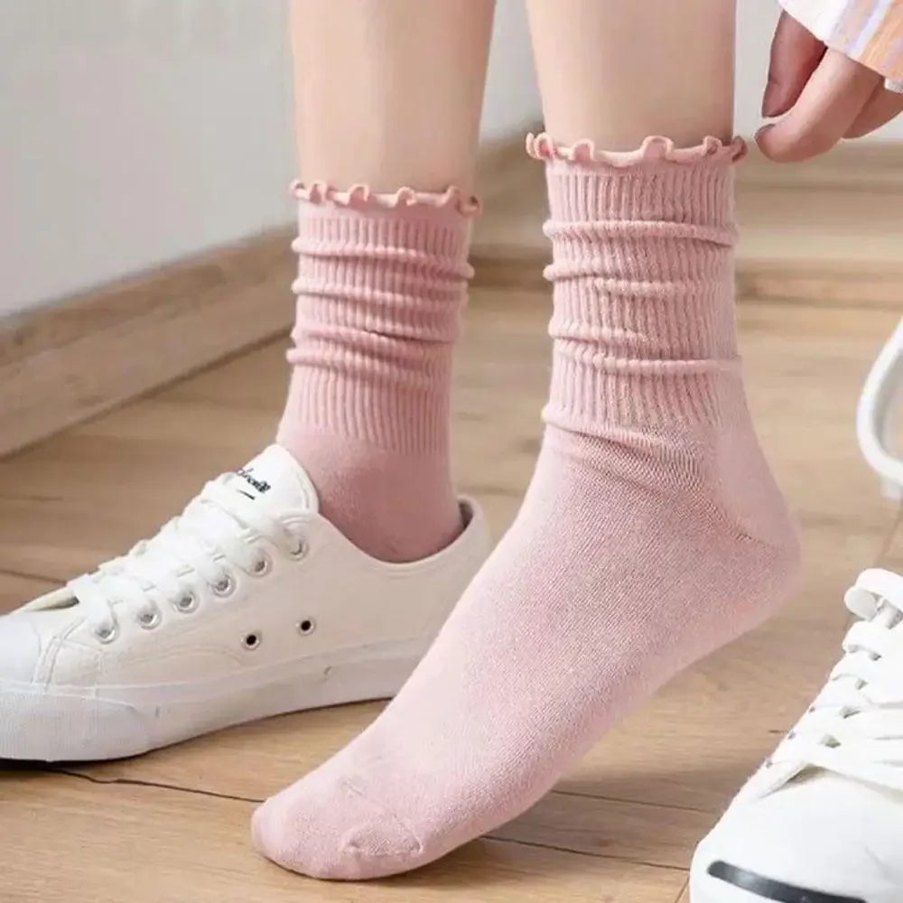 White Socks Women Cute Kawaii Frilly Ruffle Socks Cotton Purple Japanese Candy Skateboard Sport Socks Black