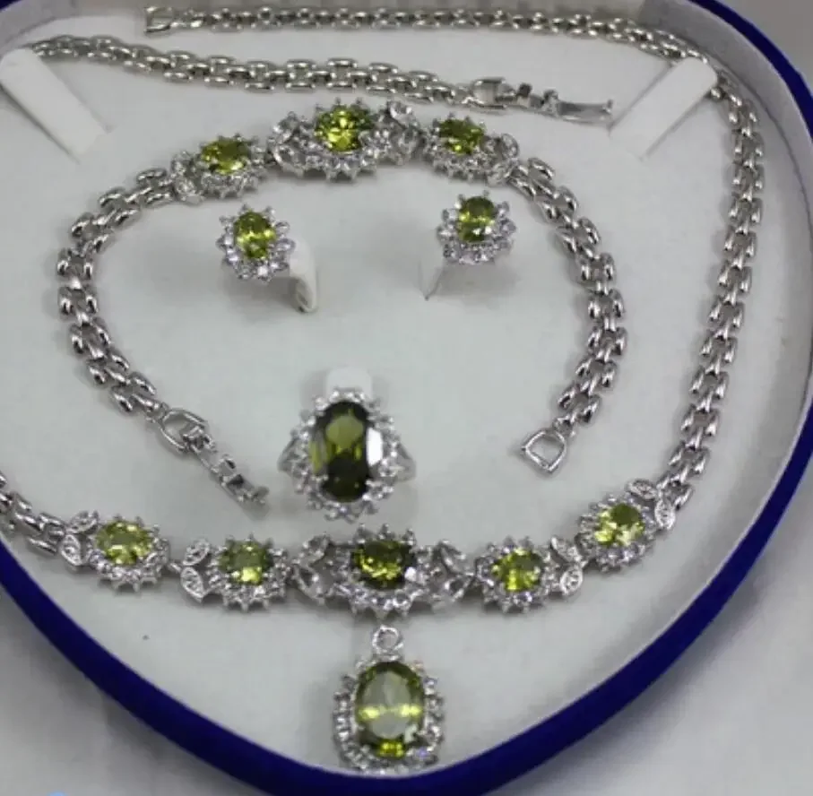 

Fashion plate with silver on metal Light green Zircon Necklace + Bracelet + Earring +Ring Set