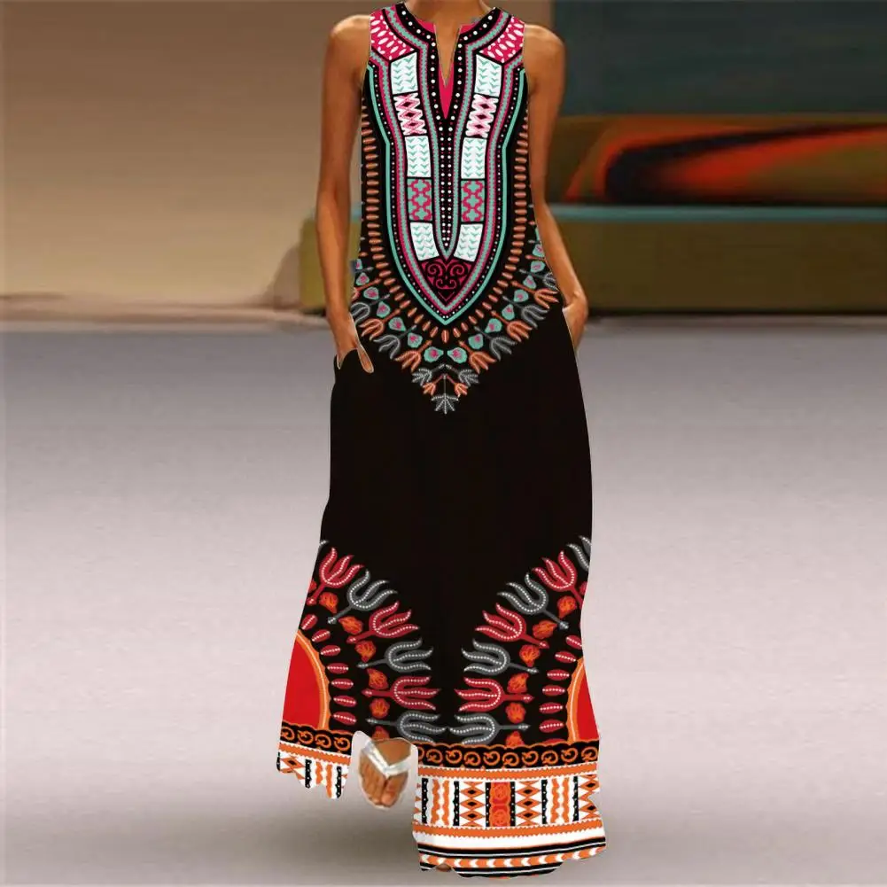 

Women Dress Loose Fit Dress Vibrant Ethnic Print Maxi Dress Off Shoulder Sleeveless A-line Style with Side Pockets for Summer