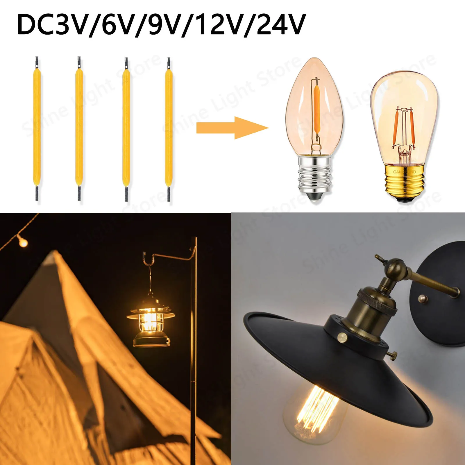 20pcs DC3V/6V/9V/12V/24V 38mm LED Hard Filament COB Edison Bulb Incandescent Lamp 3000K Diode Accessories For Home Lighting DIY