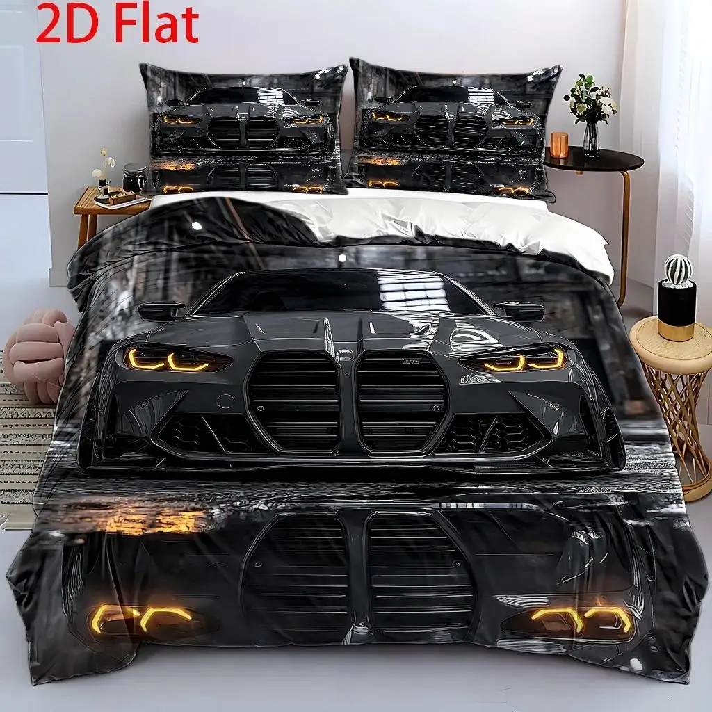 3Pcs Polyester Duvet Cover Set Futuristic Car Front Design 2D Printed Bedding with 2 Pillowcases Cyber Tech Theme No Filling