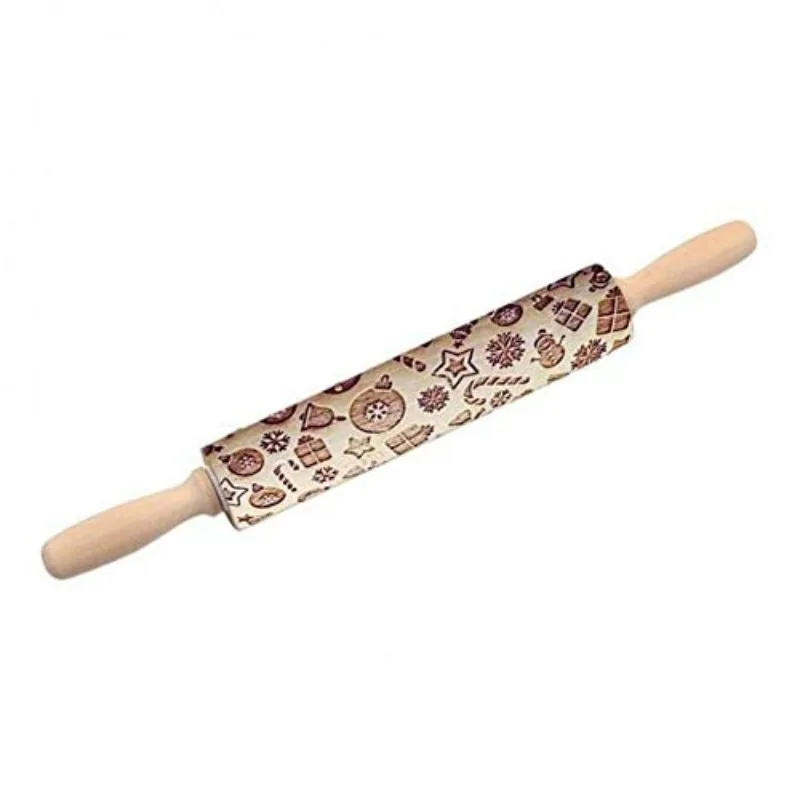 Christmas Gift Wooden Rolling Pin Engraved Embossed Baking Supplies for Kitchen Pastry Tools