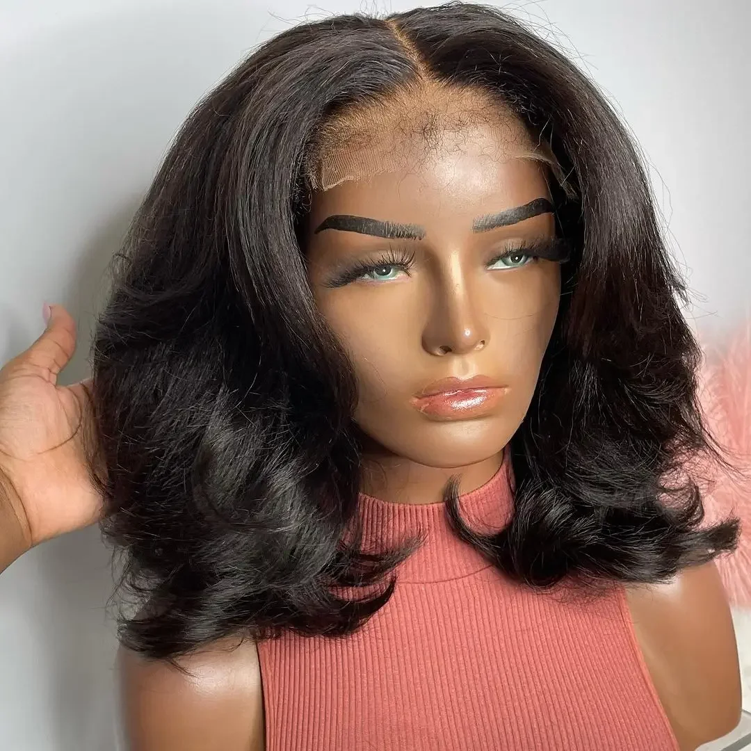 

14" Soft Preplucked Short Bob Wavy Synthetic Lace Front Wig Natural Black For Black Women With Baby hair Glueless