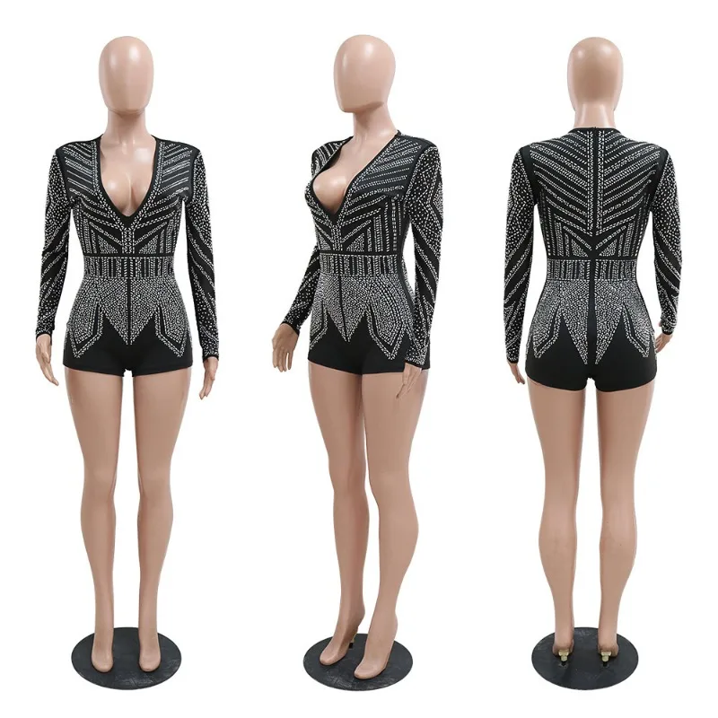 Crystal Diamonds Club Party Playsuits Women Sexy V-Neck Mesh Full Sleeve Patchwork Slim Shorts Jumpsuits Female Y2K Rompers