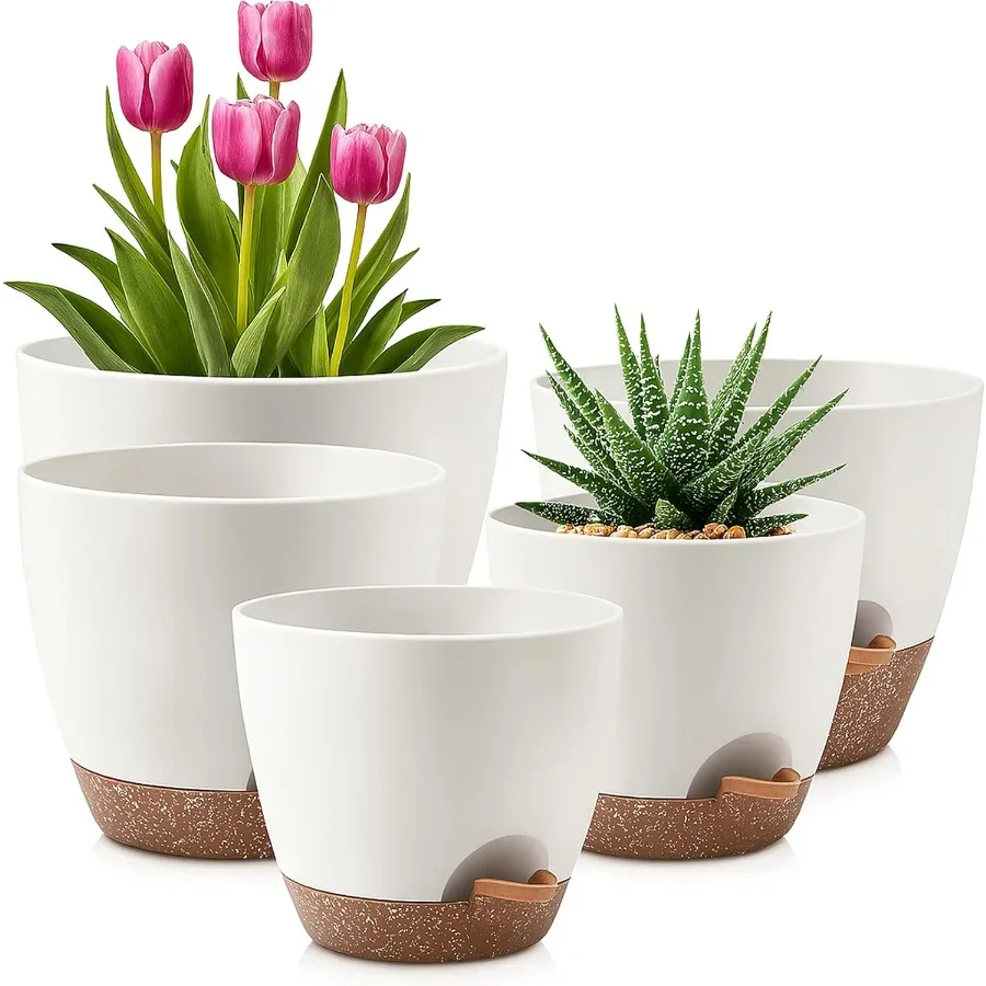 

Plant Pots Set of 5 10 9 8 7.5 7 inch SelfWatering Indoor Outdoor Flower Planters with Drainage Hole and Reservoir White