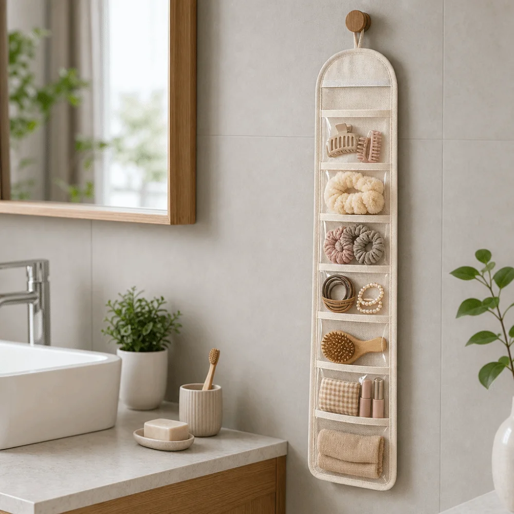 Space Saving Behind Door Hanging Bag Wall-mounted Multi-Pocket Underwear Storage Bag 7 Grid Mesh Hair Accessory Bag Bedroom